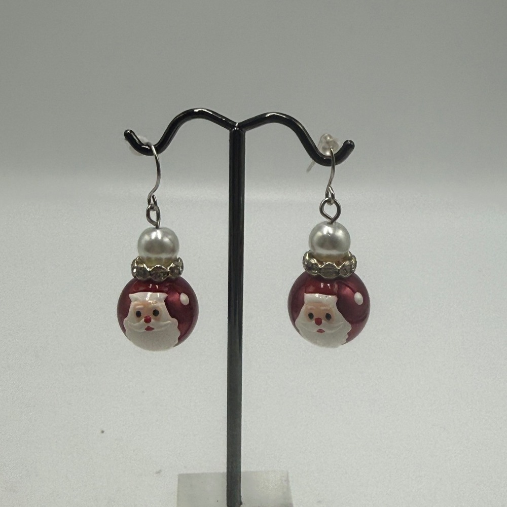 Santa Claus Christmas Drop Earrings Red Polka Dot Faux Pearl Holiday Jewelry